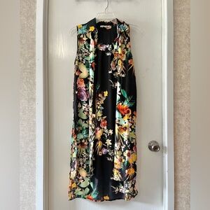 SPENSE Sheer Black/Multicolor Floral Button-Up Sleeveless Dress or Cover